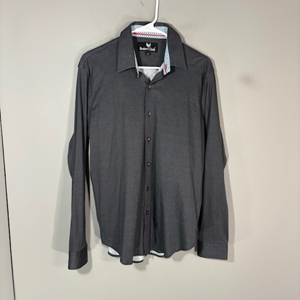 Butter Cloth Shirt Mens Medium Gray Solid 100% Cotton Knit Dress Long Sleeve